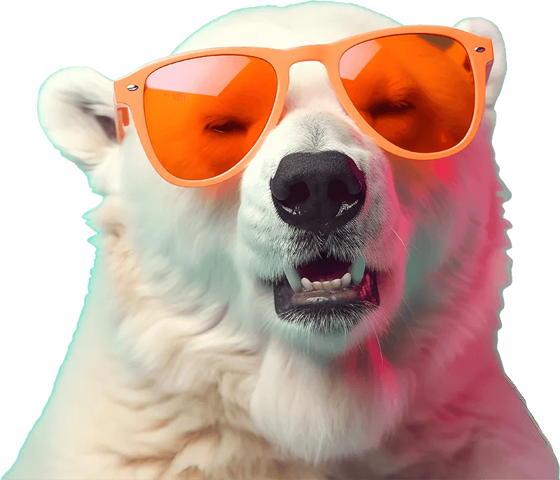 Polar bear wearing oversized orange sunglasses