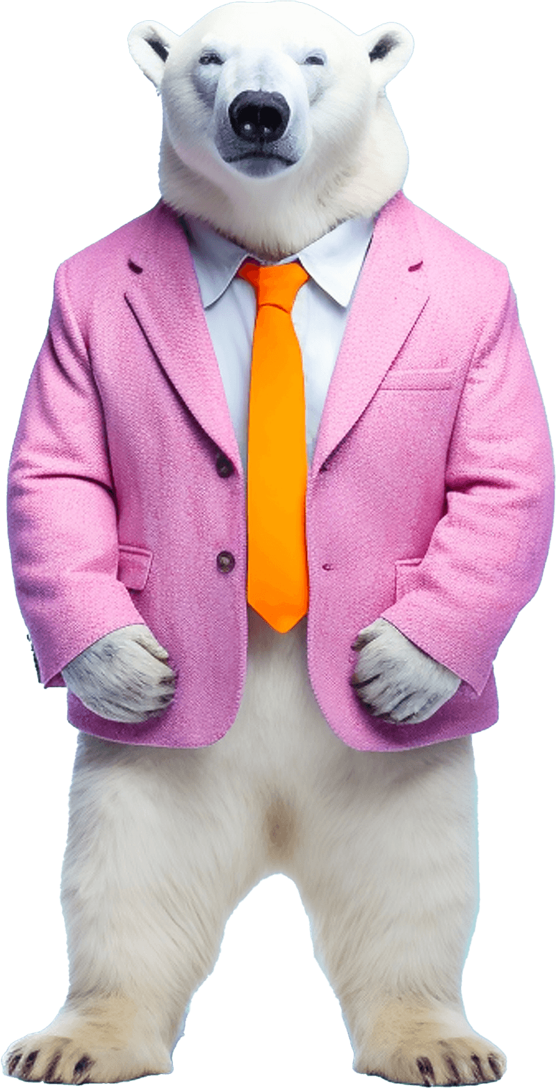 Polar bear standing tall in a pink blazer and orange tie