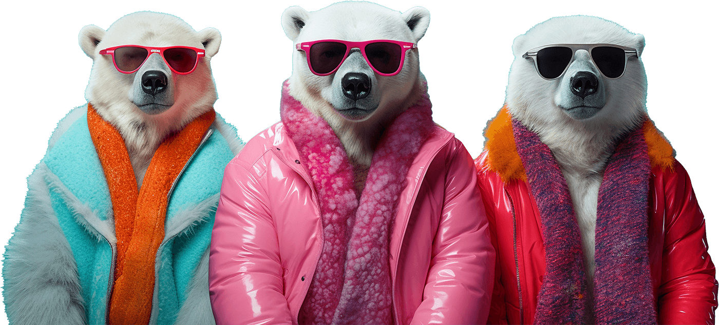Three polar bears in sunglasses and colourful jackets, lined up like a band