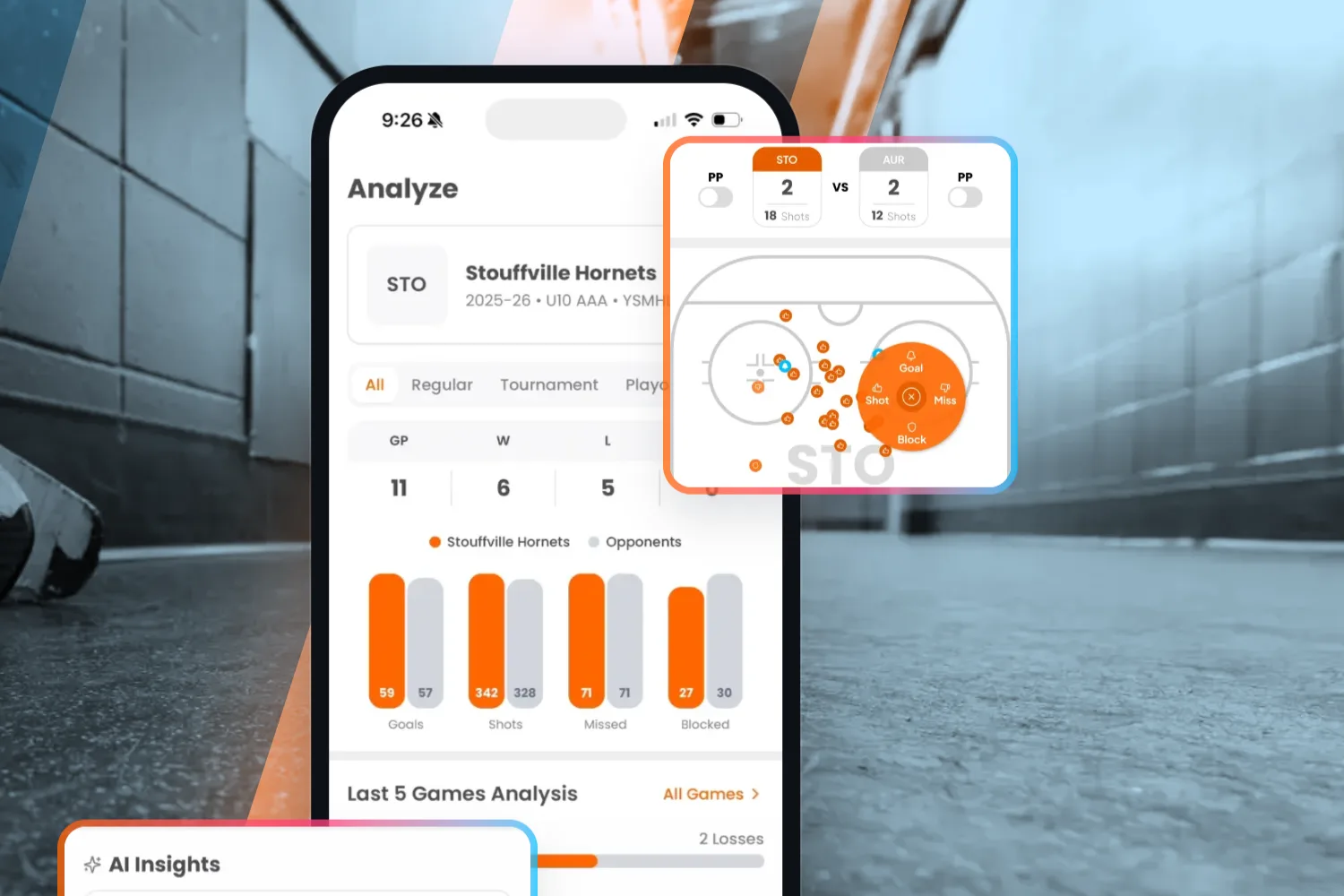 Elevate Hockey Stats: the app running on a phone, over a rink walkway
