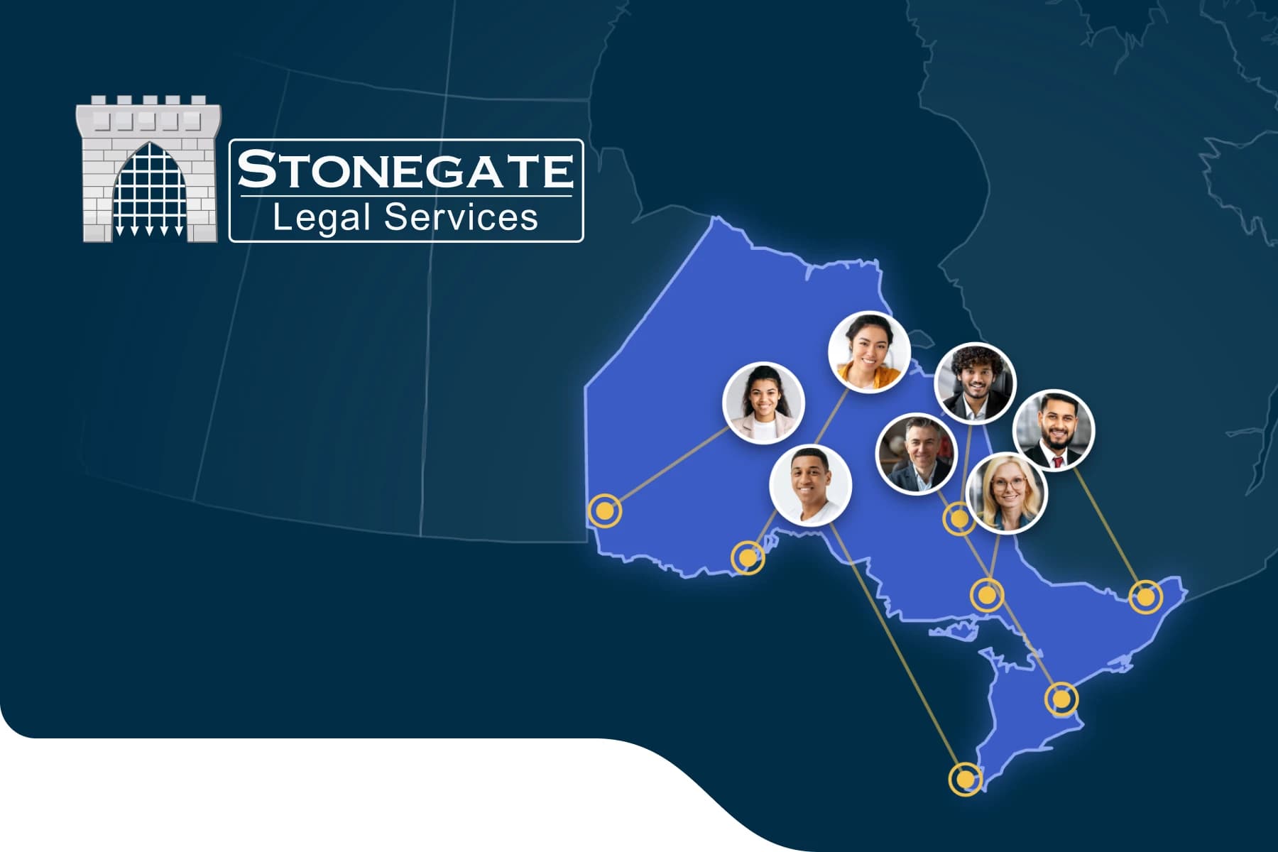 Stonegate Legal Services: the logo lockup over a map of Ontario pinned with client locations