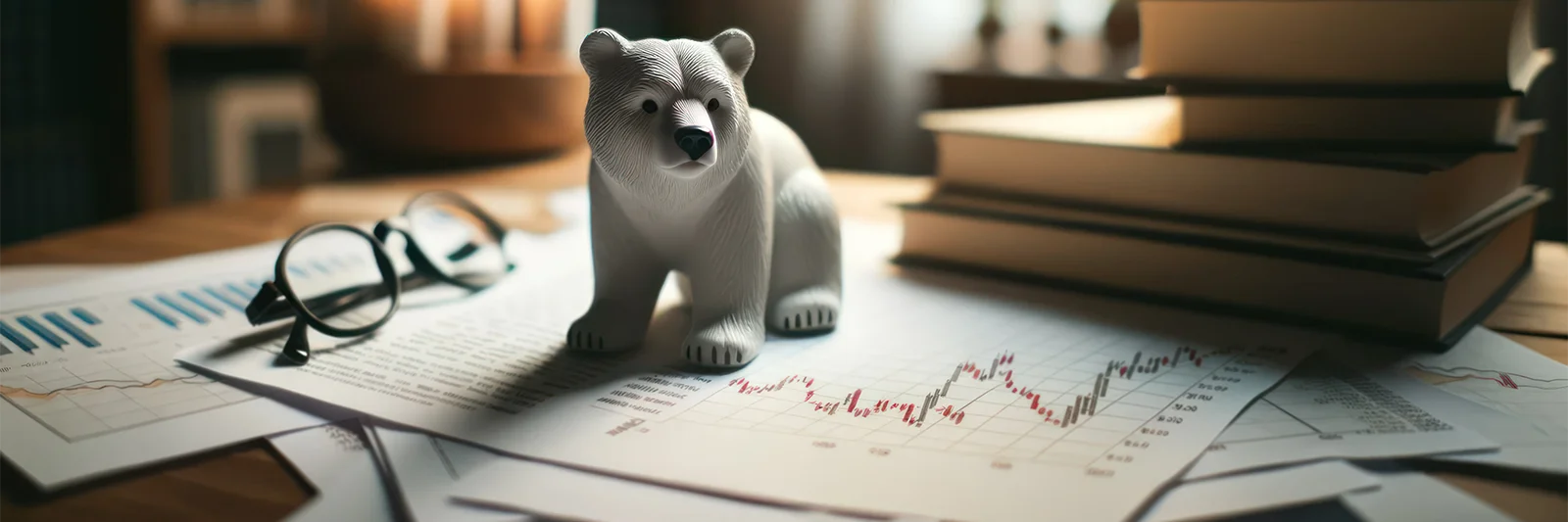 Photo capturing a bear figurine, symbolizing market pessimism, set on a desk adjacent to piles of financial documents.